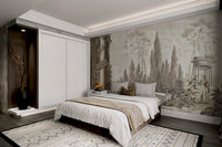Dusky Forestry Fort wallpaper mural as a bedroom feature wall behind the headboard in brown tones