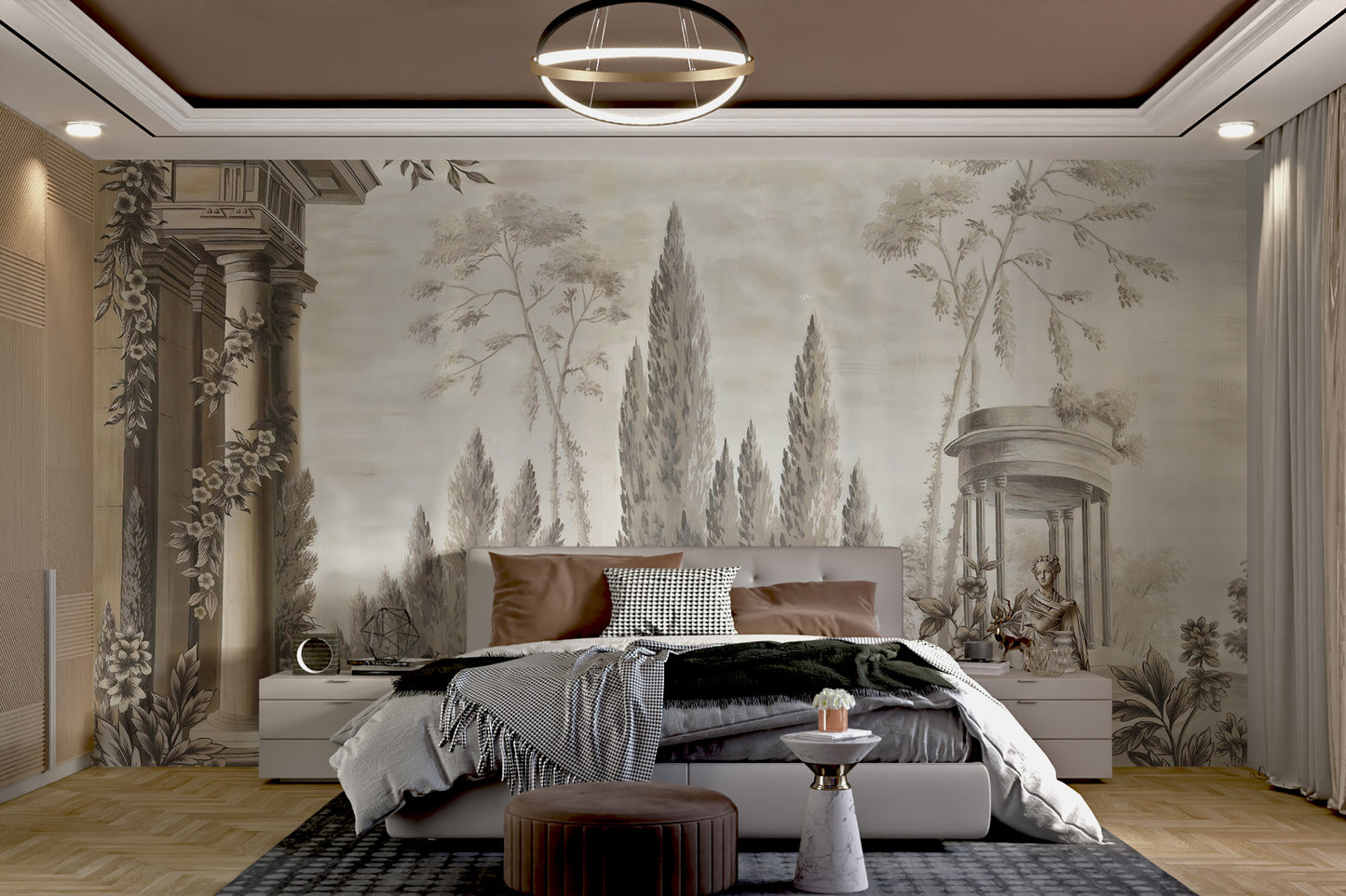 Dusky Forestry Fort wallpaper mural as a feature wall in a bright, contemporary living room in brown tones