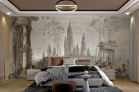 Dusky Forestry Fort wallpaper mural as a feature wall in a bright, contemporary living room in brown tones