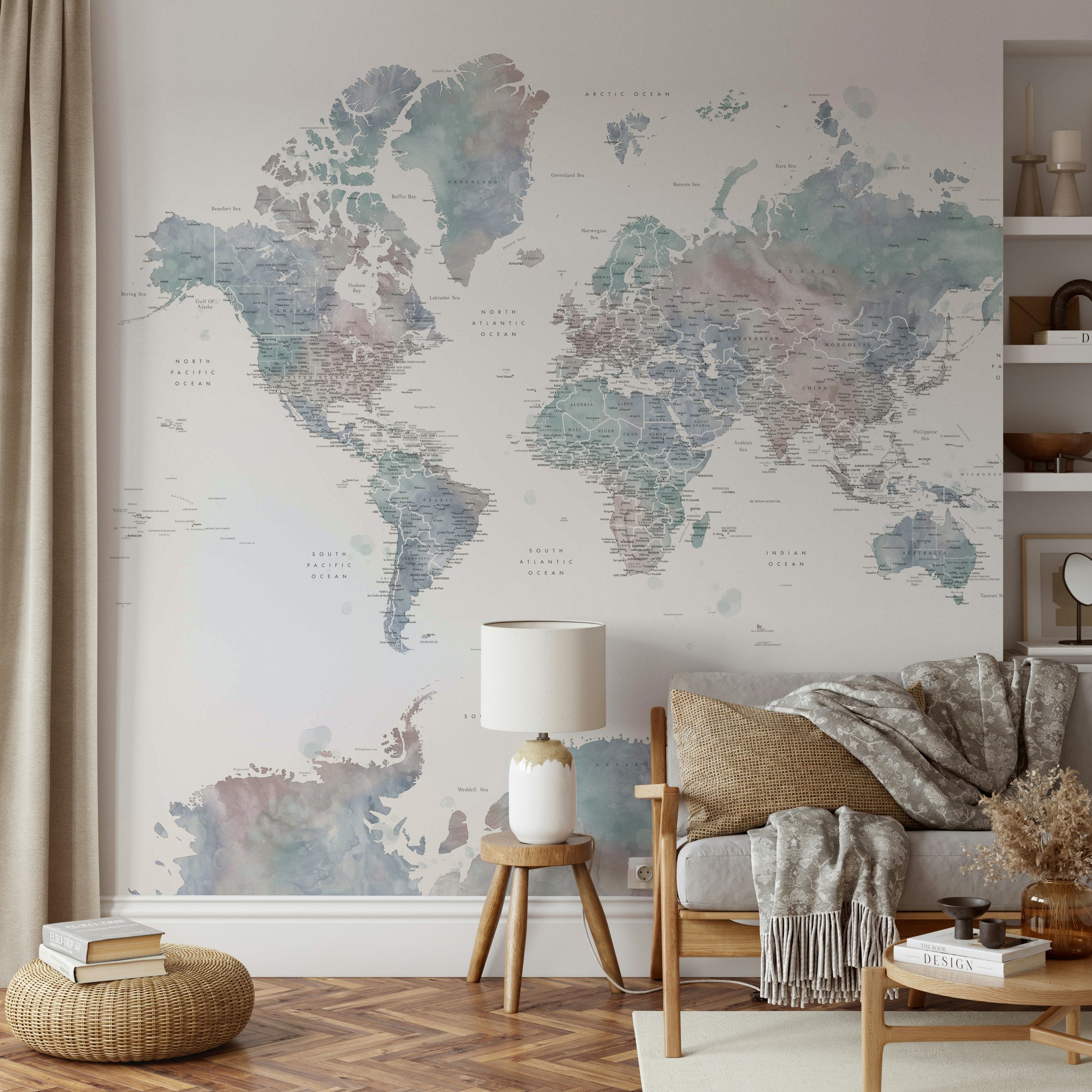 Artistic global map in soft dusty blue shades

