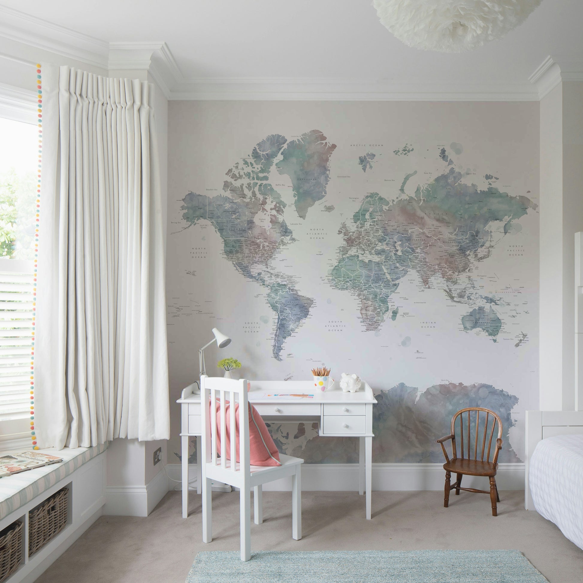 Dusty blue map wallpaper for nursery or study

