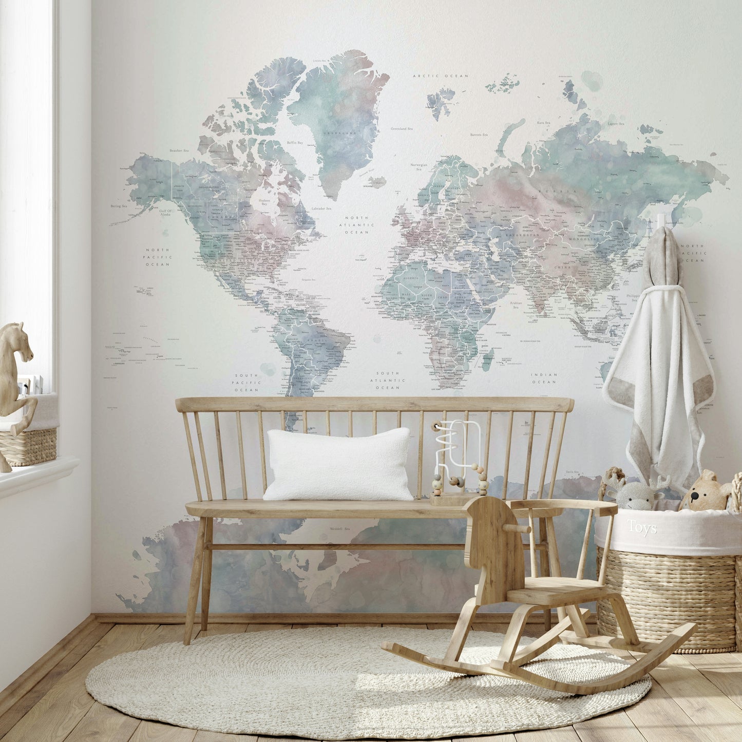 Soft blue map mural in watercolor design

