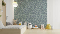The primary color is a dusty blue, likely complemented by other muted or neutral tones.
