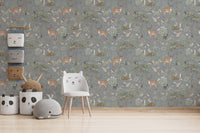 Dusty Blue Wildlife wallpaper with a white cat-ear chair, panda baskets and a grey whale cushion