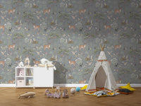 Dusty Blue Wildlife wallpaper in a playroom with a white teepee, owl dresser and toy shark