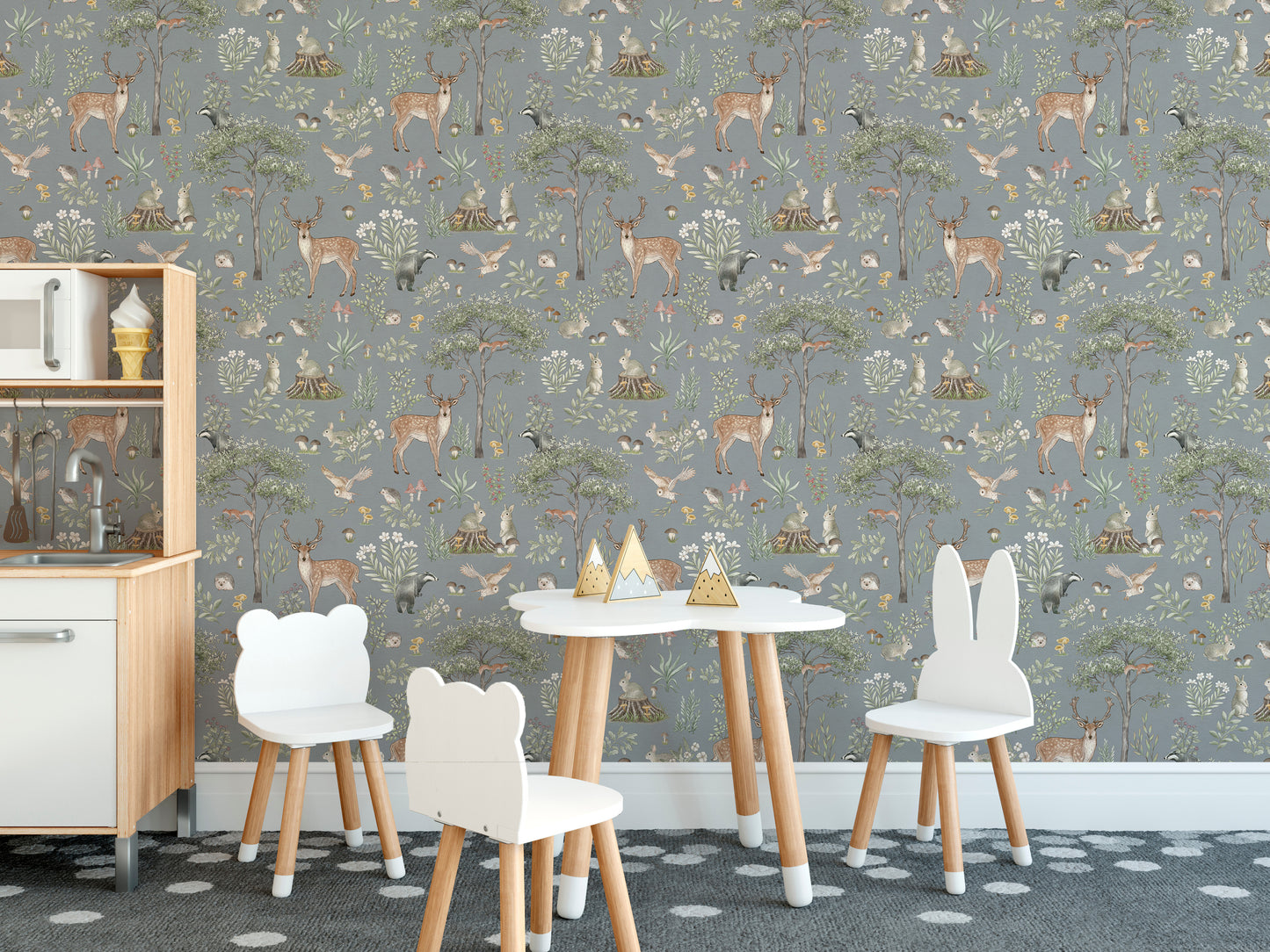 Dusty Blue Wildlife wallpaper in a kids room with a toy kitchen, cloud table and bear-ear chairs