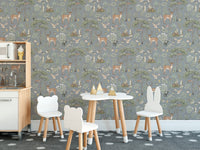 Dusty Blue Wildlife wallpaper in a kids room with a toy kitchen, cloud table and bear-ear chairs