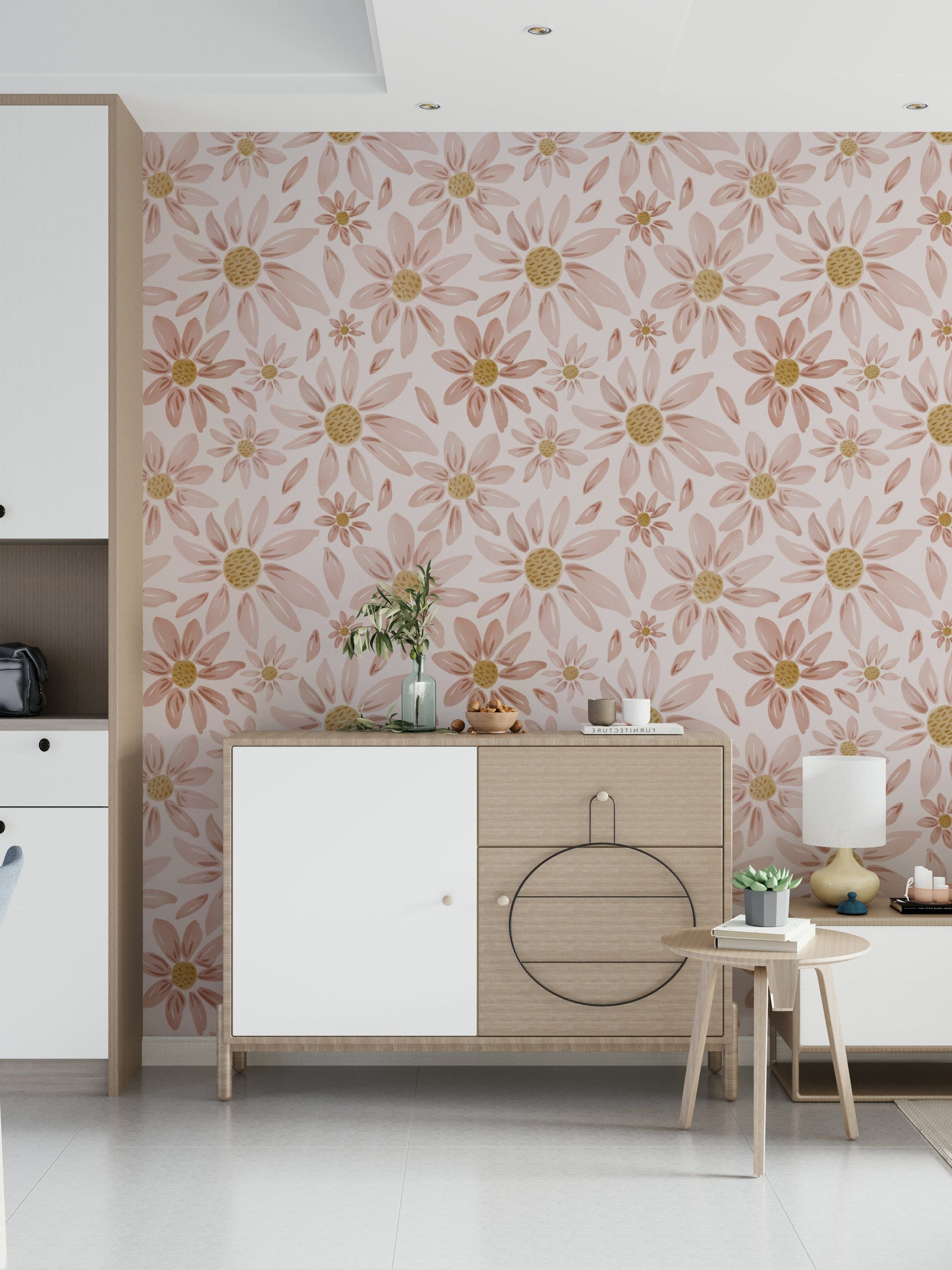 Dusty Rose Floral Dream wallpaper with a repeating pattern of dreamy hand-drawn flowers.