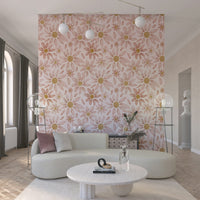 Romantic wallpaper mural with soft rose-toned petals and subtle botanical detailing.