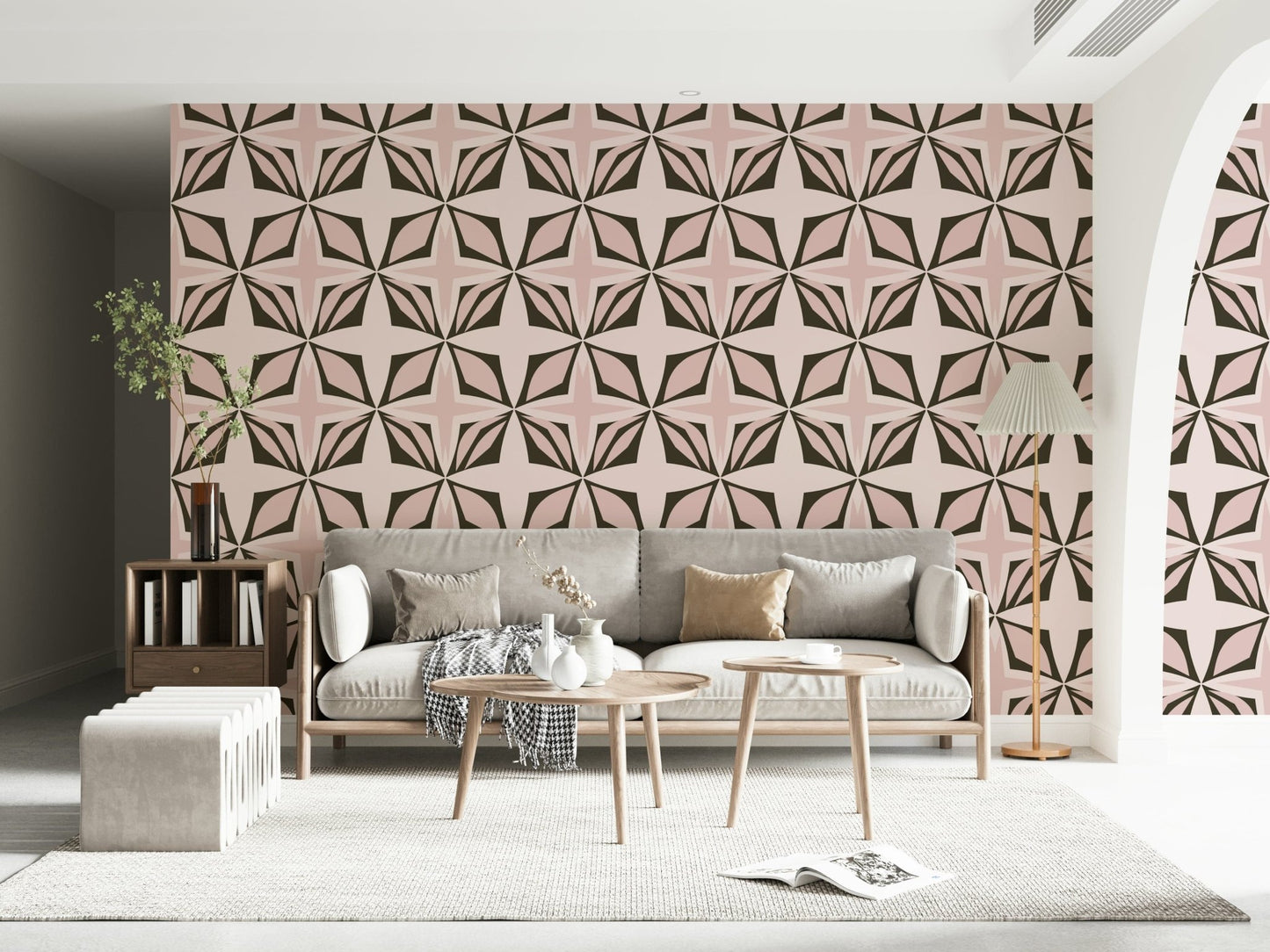 Blush pink retro motif wallpaper in soft neutral tones