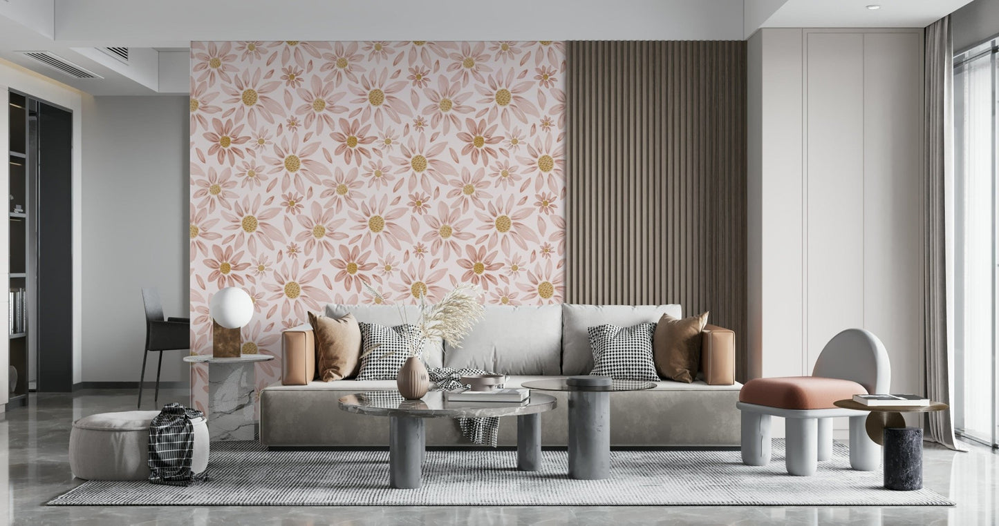 Floral wallpaper mural with watercolor-style dusty rose blooms arranged in a gentle repeating pattern.