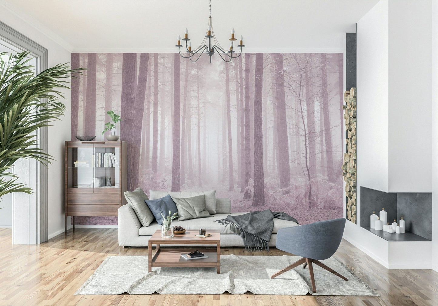 Misty ethereal Dusty Rose Forest wallpaper tranquil woods path.