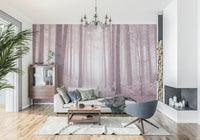 Misty ethereal Dusty Rose Forest wallpaper tranquil woods path.