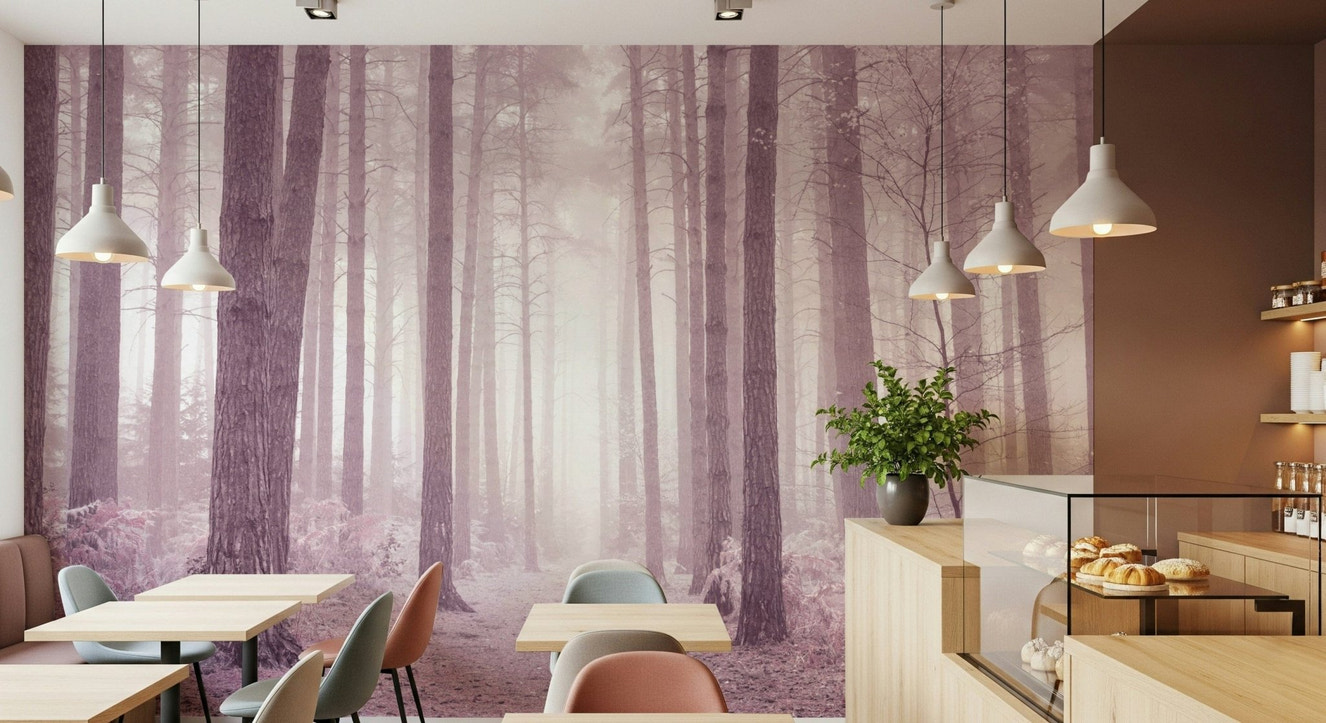 Serene misty Rose Forest wall mural beautiful nature motif.