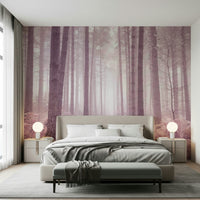 Dusty Rose pathway through forest wallpaper subtle pink hue.
