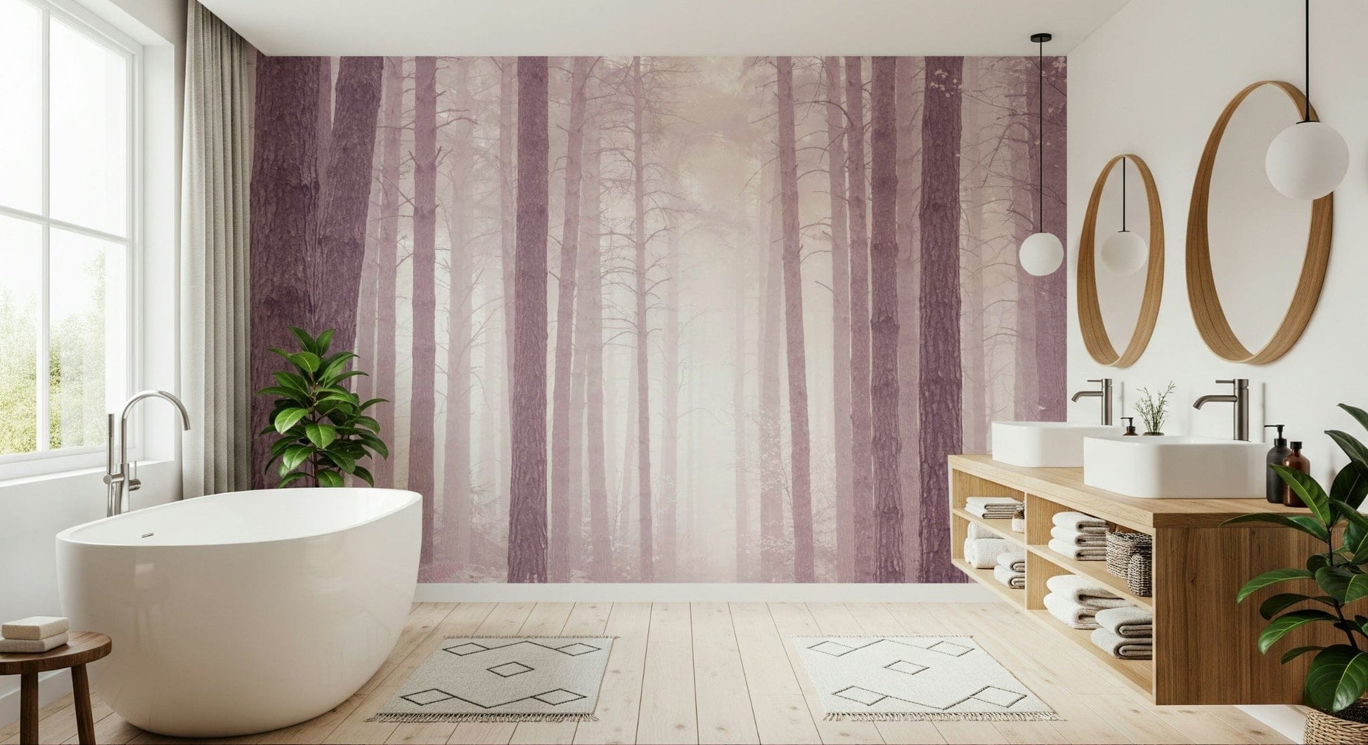 High contrast Dusty Rose trunks wallpaper foggy scenic view.
