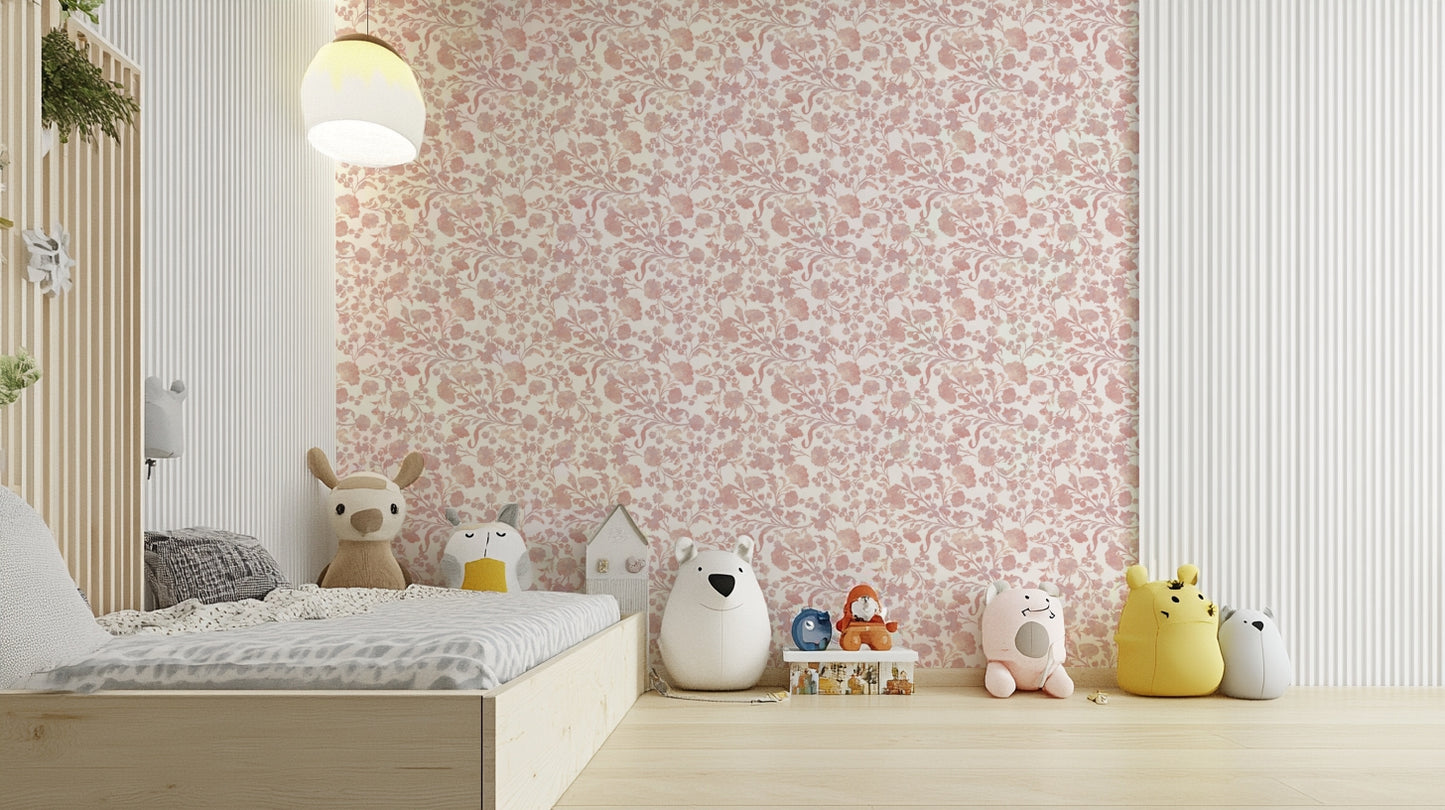 Romantic floral wallpaper in dusty rose tones

