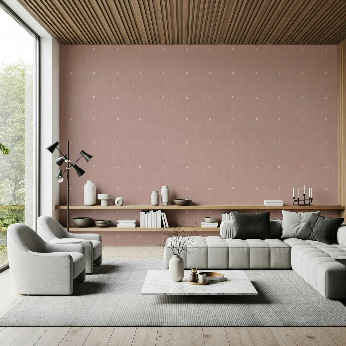 Dusty Rose Grid wall mural muted mauve linen texture cream speckles