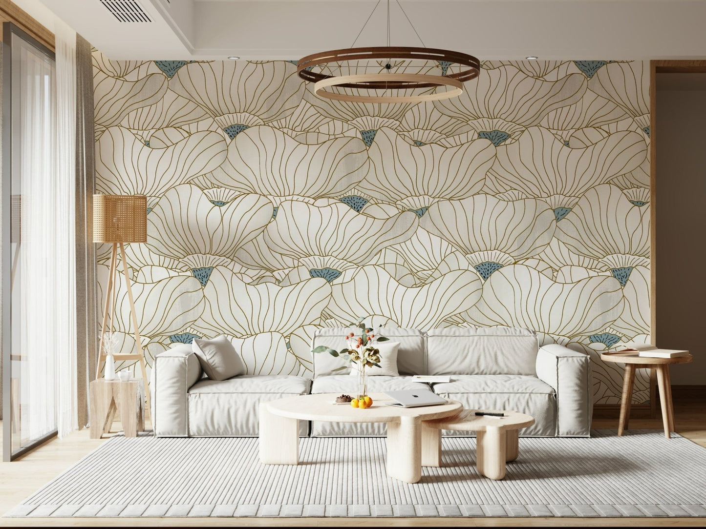 Dusty White Botanical Bloom Waves wallpaper behind a white sofa and round wood coffee table under a circular chandelier
