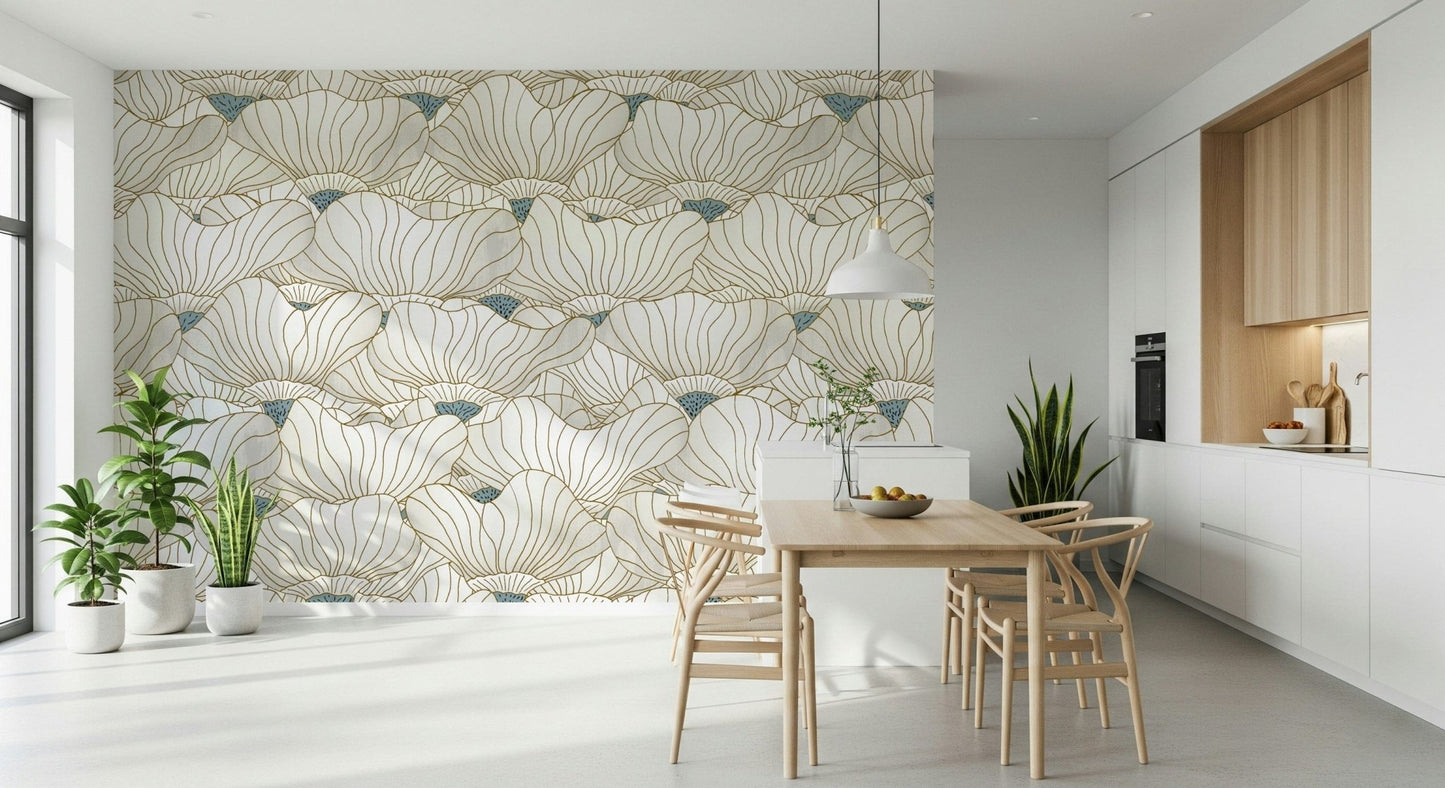 Dusty White Botanical Bloom Waves wallpaper behind a light wood dining table and wishbone chairs in a white kitchen