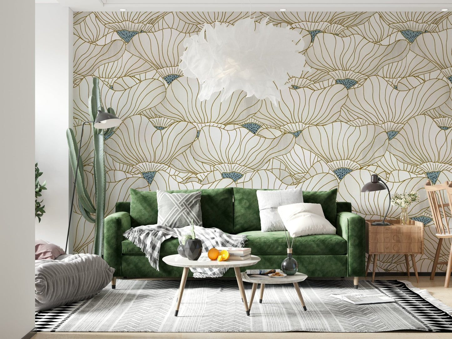 Dusty White Botanical Bloom Waves wallpaper behind a green velvet sofa with a tall cactus and white feather pendant