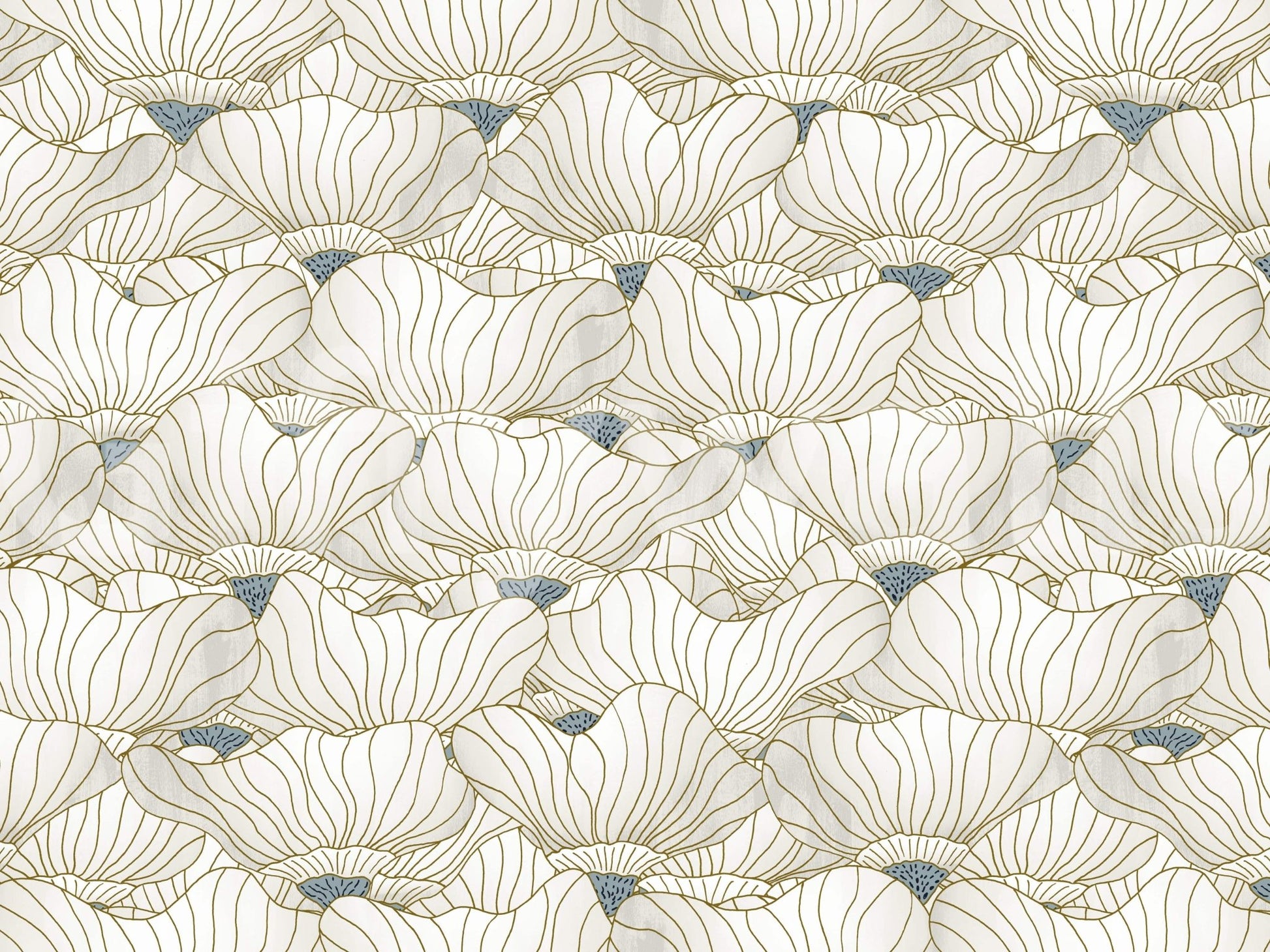 Dusty White Botanical Bloom Waves wallpaper close-up showing gold line-drawn lotus blooms with dusty-blue fan centres