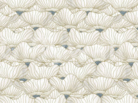 Dusty White Botanical Bloom Waves wallpaper close-up showing gold line-drawn lotus blooms with dusty-blue fan centres