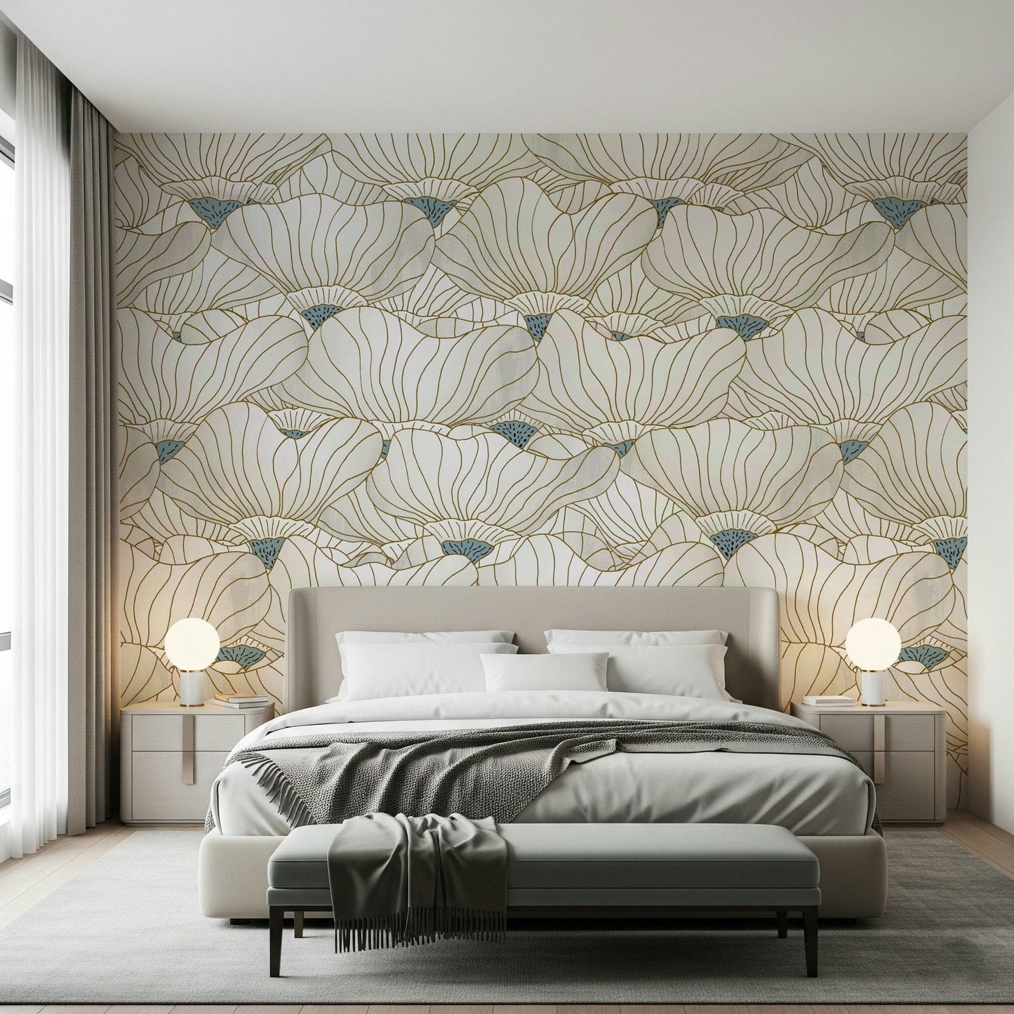Dusty White Botanical Bloom Waves wallpaper with gold line lotus blooms behind a beige bed with twin globe lamps