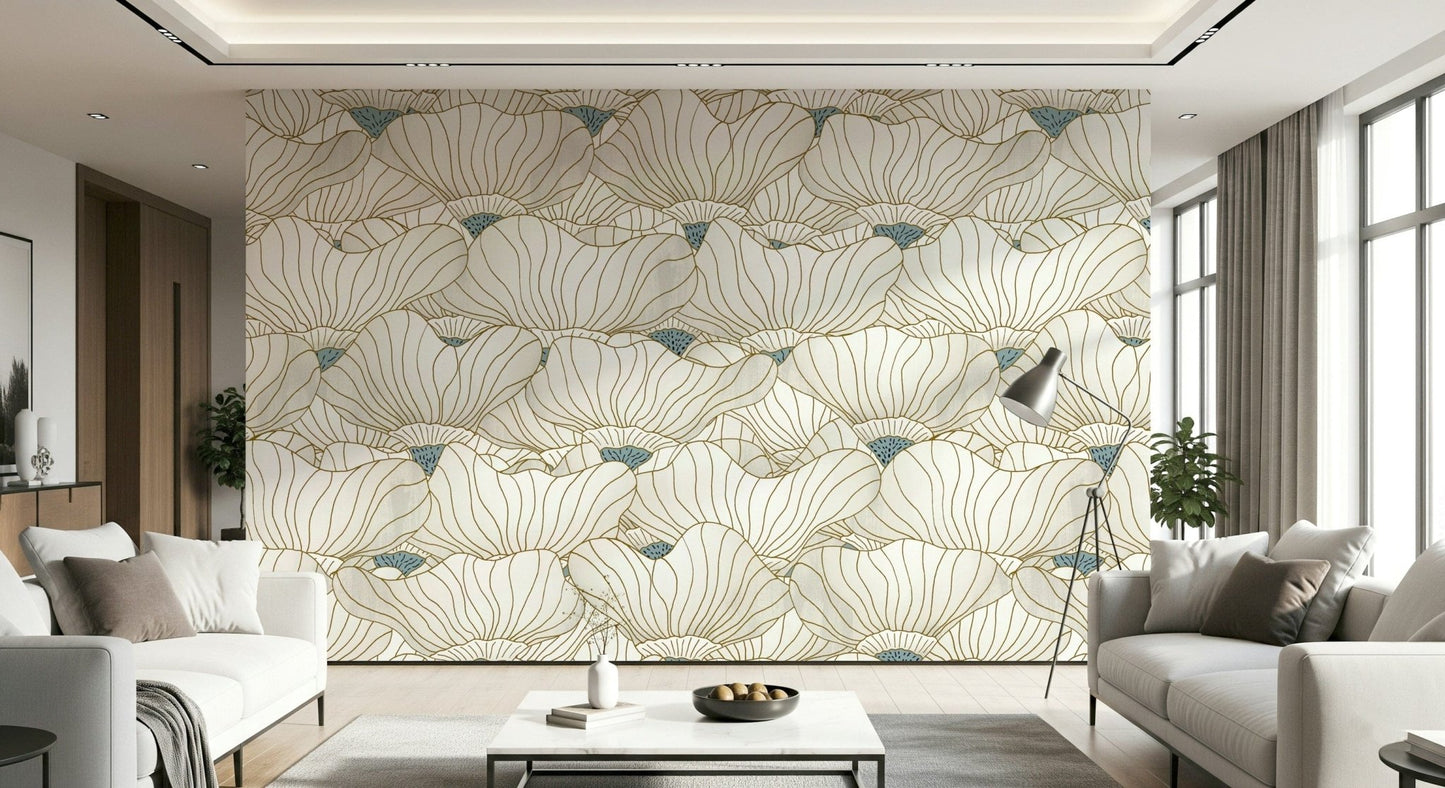 Dusty White Botanical Bloom Waves wallpaper between two white sofas with a marble coffee table and tripod floor lamp