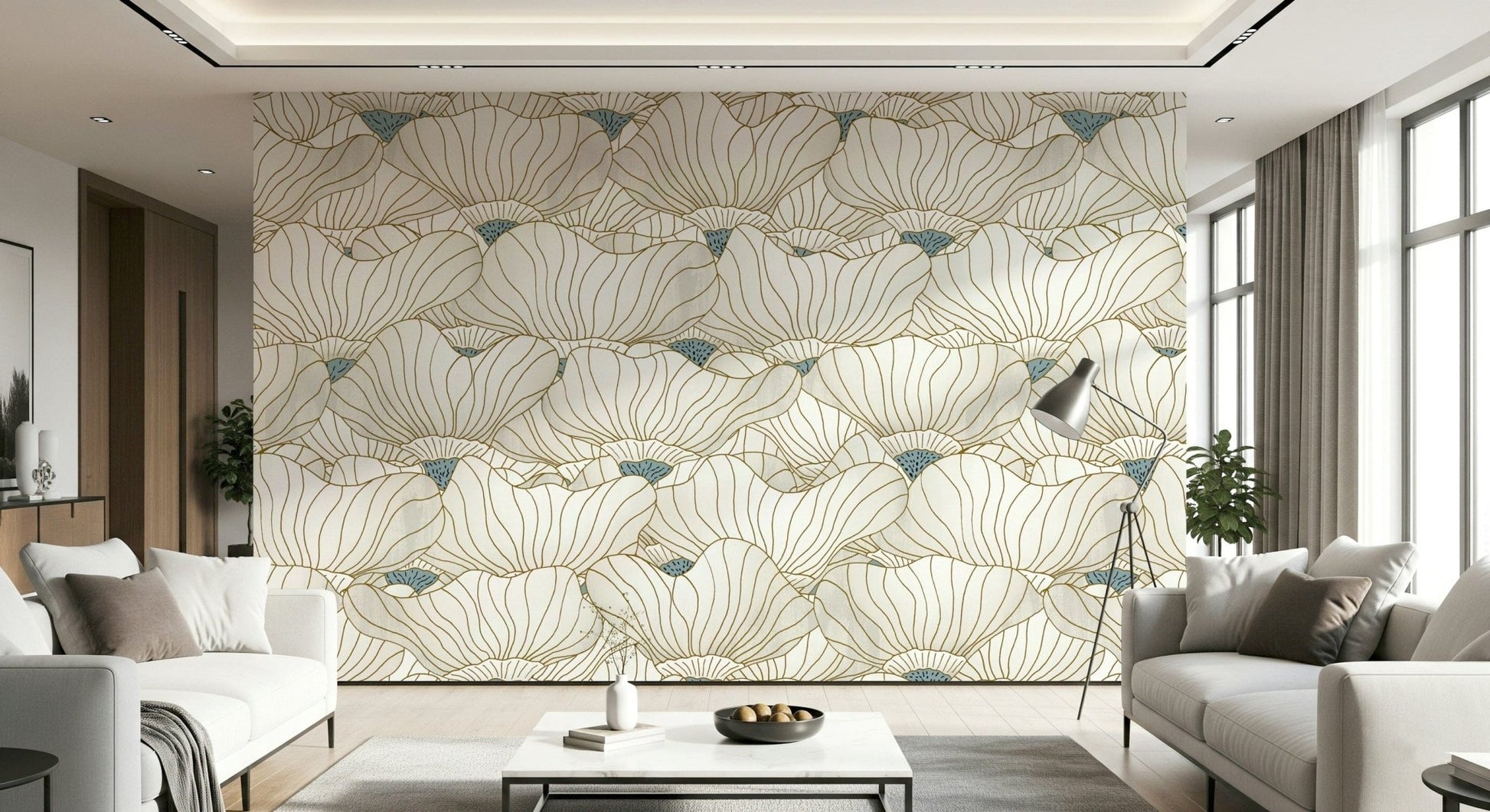 Dusty White Botanical Bloom Waves wallpaper between two white sofas with a marble coffee table and tripod floor lamp
