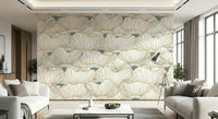 Dusty White Botanical Bloom Waves wallpaper between two white sofas with a marble coffee table and tripod floor lamp