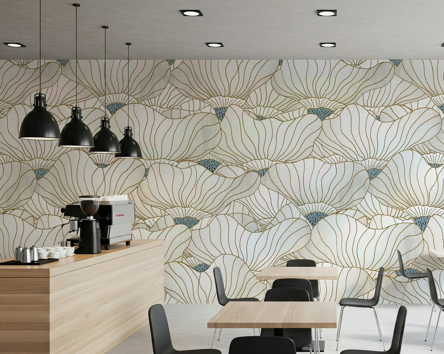 Dusty White Botanical Bloom Waves wallpaper in a cafe with a wood espresso counter, black pendants and dining tables