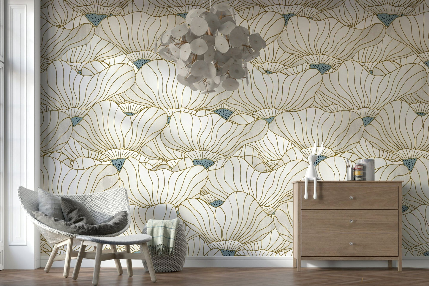 Dusty White Botanical Bloom Waves wallpaper behind a grey accent chair and light wood dresser with a cluster pendant