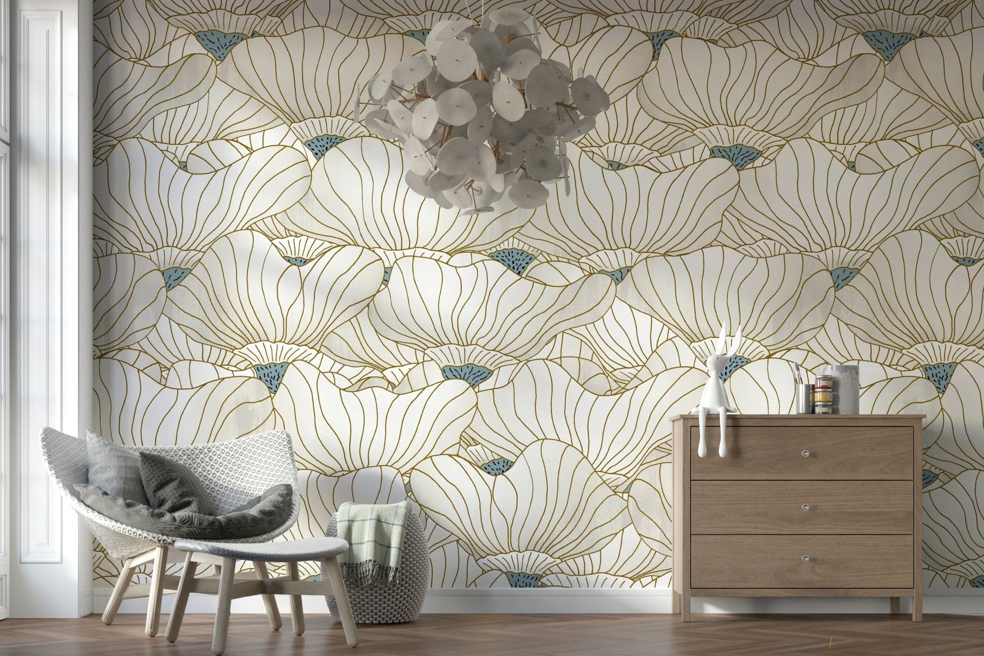 Dusty White Botanical Bloom Waves wallpaper behind a grey accent chair and light wood dresser with a cluster pendant