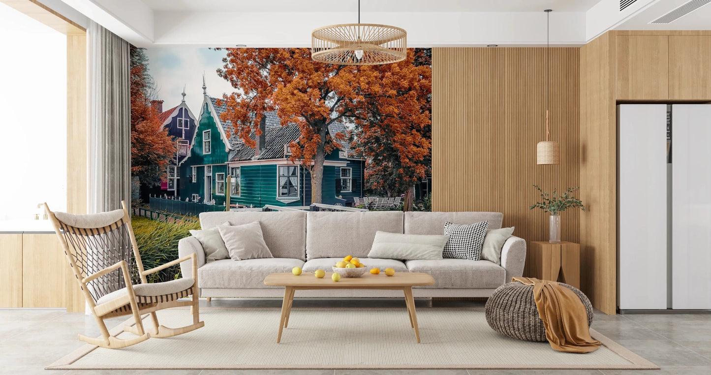 Dutch street wall mural pairs with neutral sofa