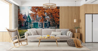 Dutch street wall mural pairs with neutral sofa