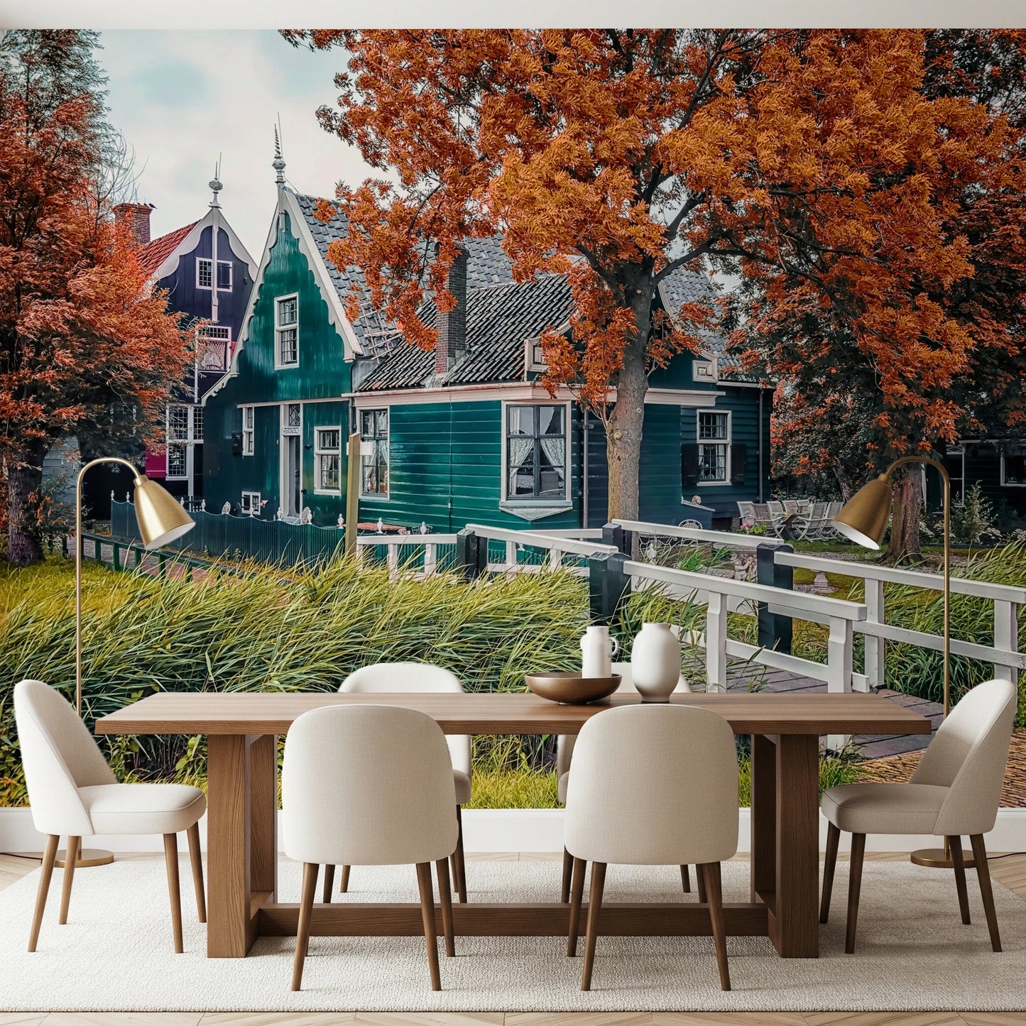 European canal wall mural brightens dining area