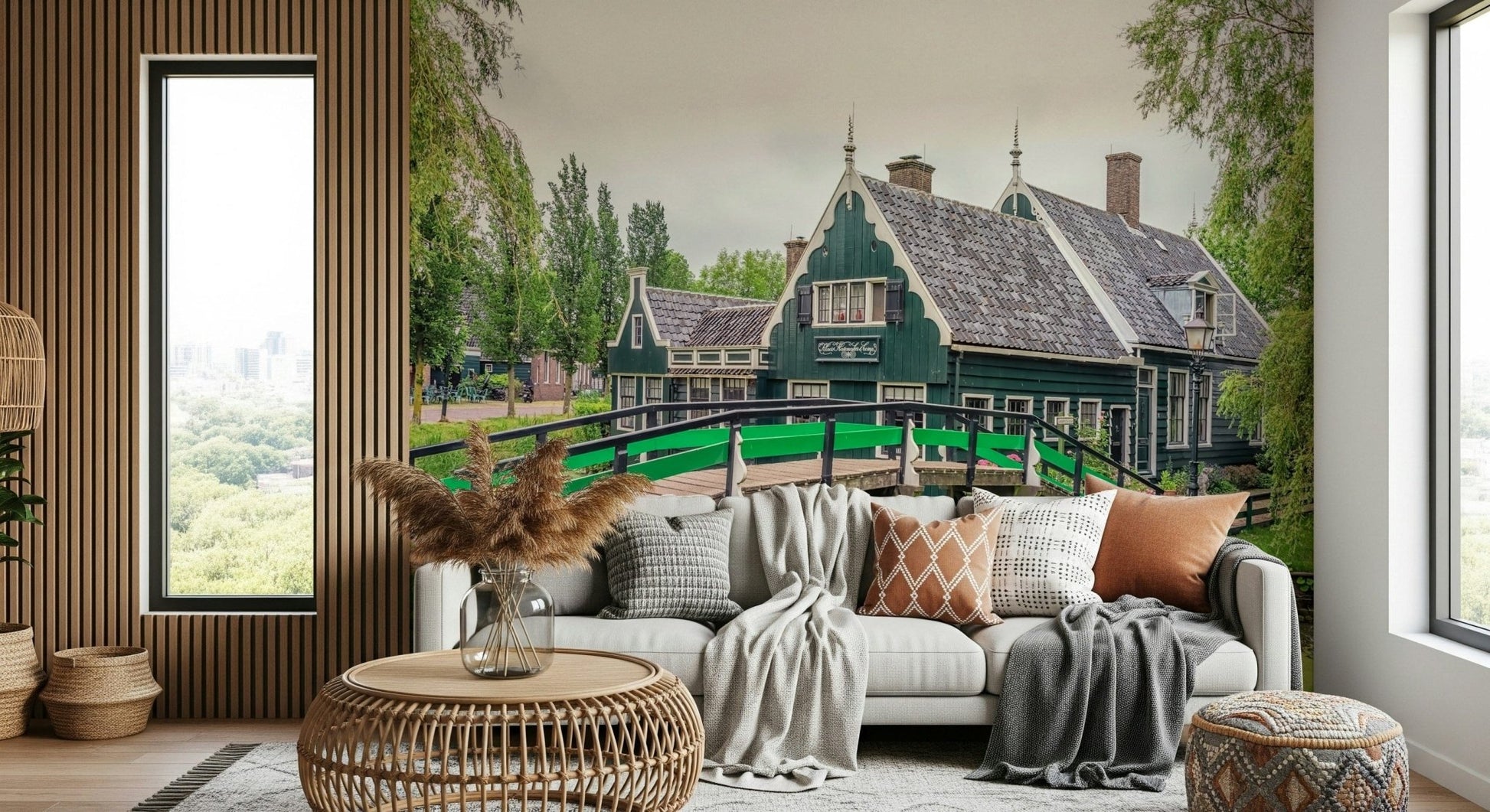 Dutch Charms Wall Mural with nature foliage, green wallpaper design suited for home rooms
