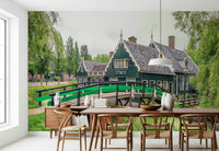 Dutch Charms Wall Mural on home feature wall, green wallpaper tones and nature motif