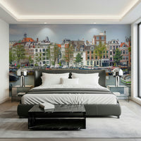 Amazing Dutch Waterway Charm wallpaper colorful boats moored along