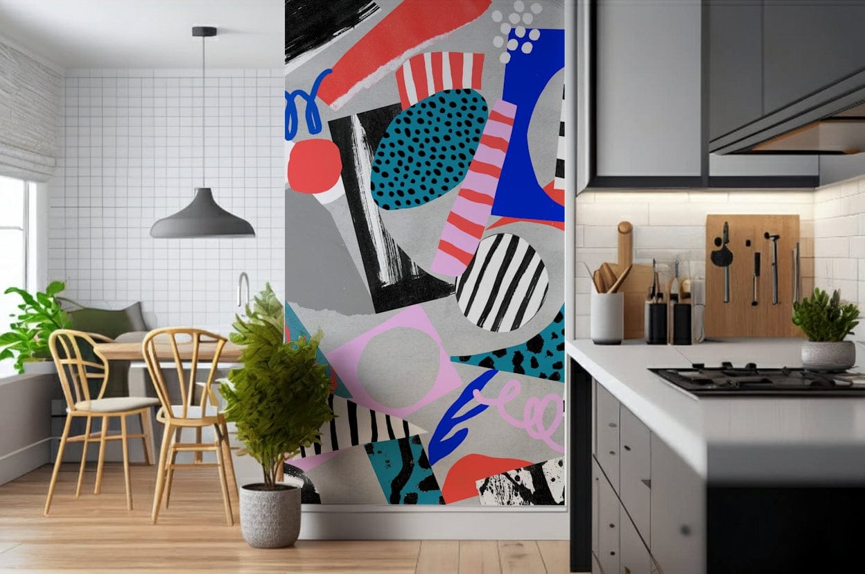 An artistic abstract shape mural on minimalist wallpaper.

