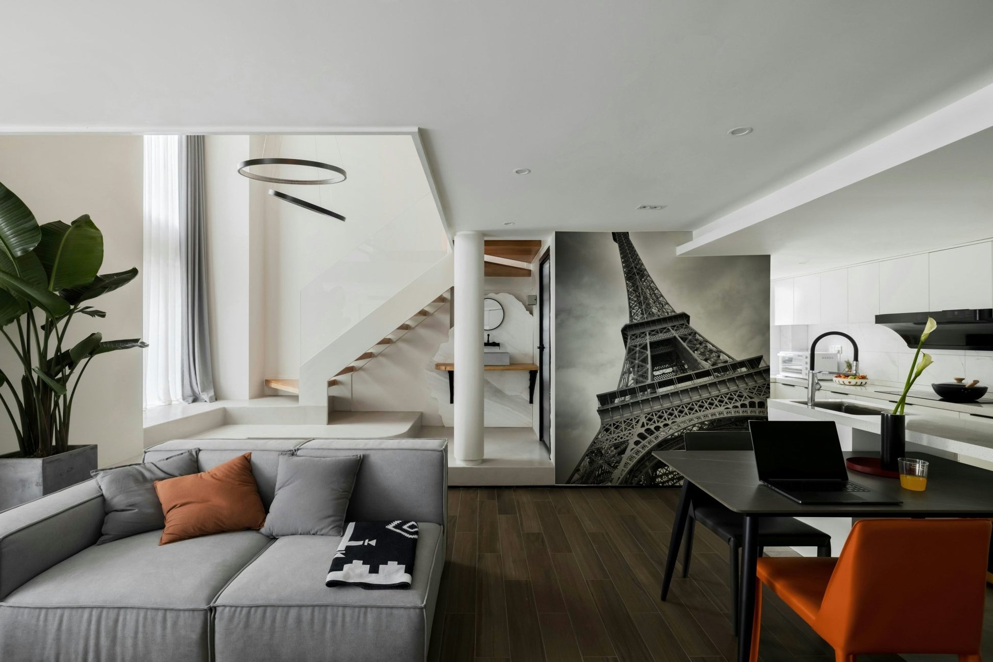 Parisian skyline mural featuring the Eiffel Tower

