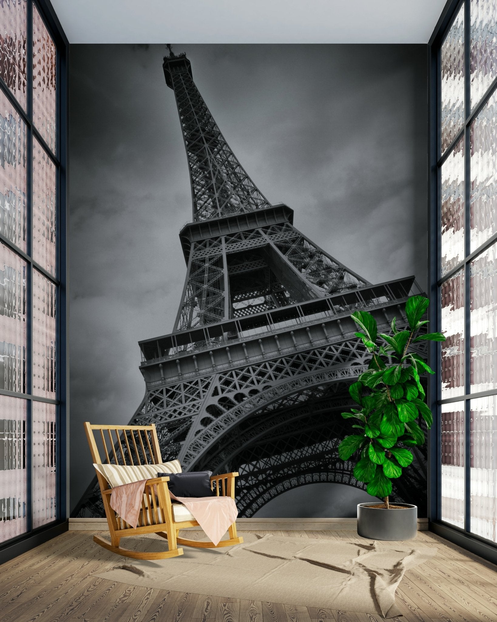 Black and white Eiffel Tower mural with modern touch

