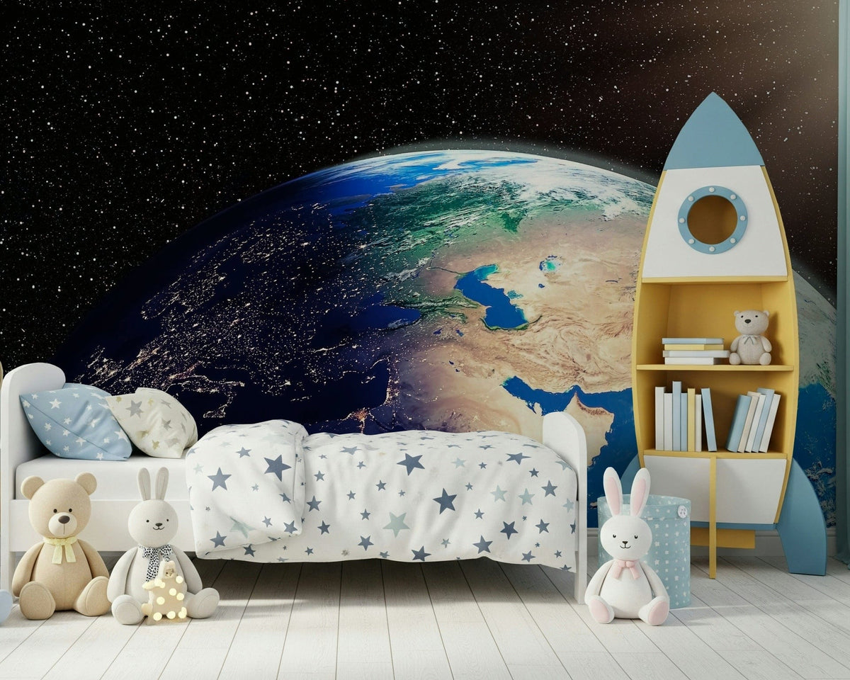 Earth from Space wallpaper for walls glowing orb view.
