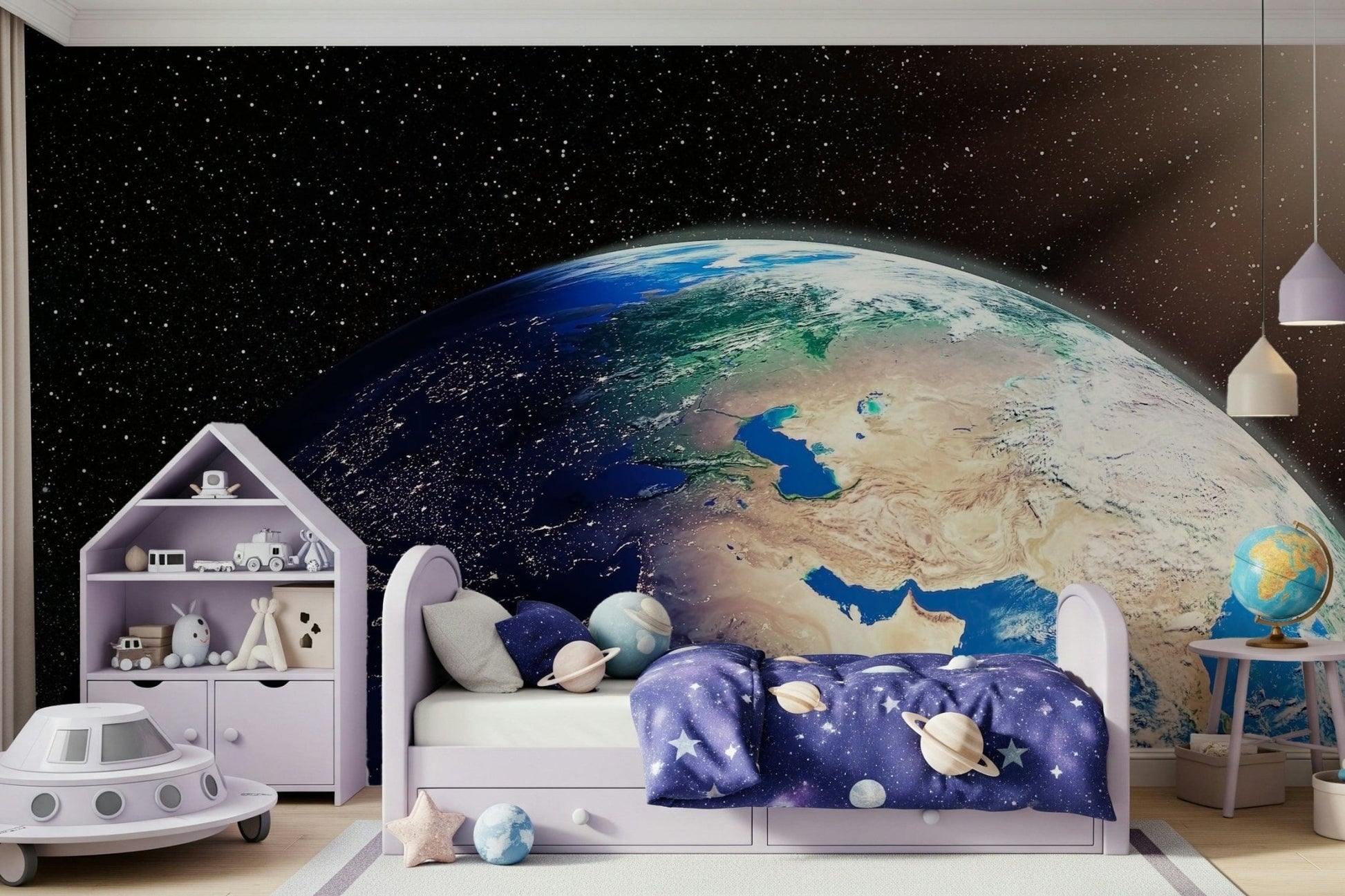 Celestial Earth from Space wallpaper mural twinkling galaxy background.