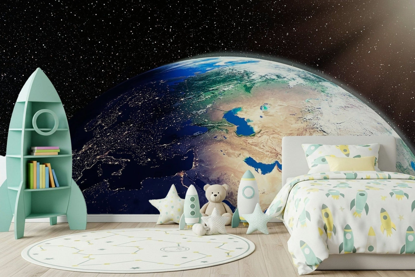 Blue Earth from Space wallpaper mural solar flare light.