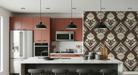 Patterned wallpaper featuring cream and muted red floral motifs set against a rich brown backdrop.