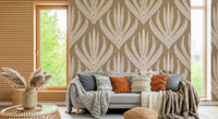 Textured wallpaper mural with repeating leaf-inspired motifs arranged in a soft organic rhythm.