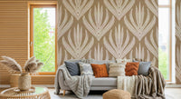 Textured wallpaper mural with repeating leaf-inspired motifs arranged in a soft organic rhythm.