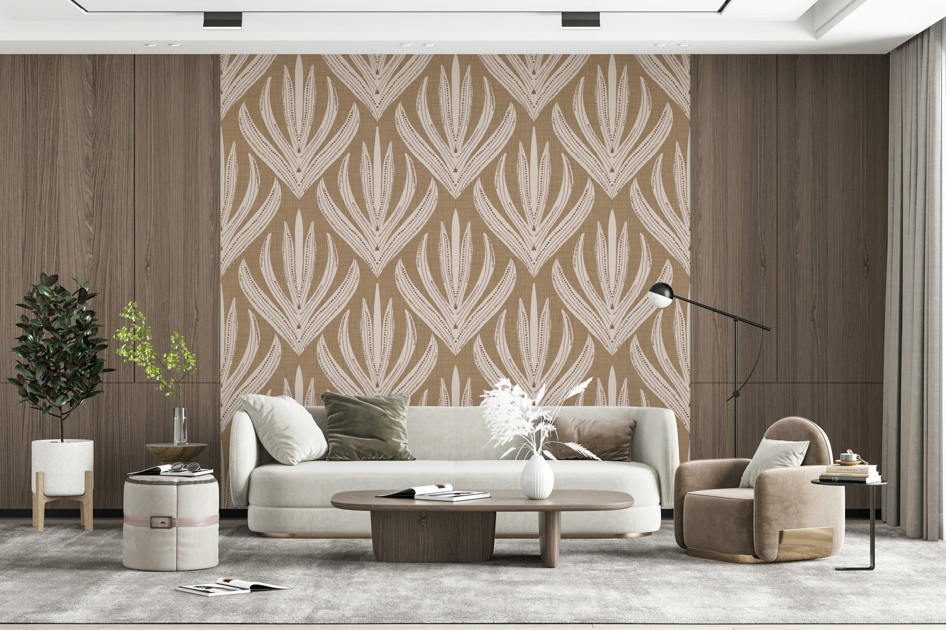 Decorative wallpaper featuring symmetrical abstract botanical patterns in earthy cream and clay colors.
